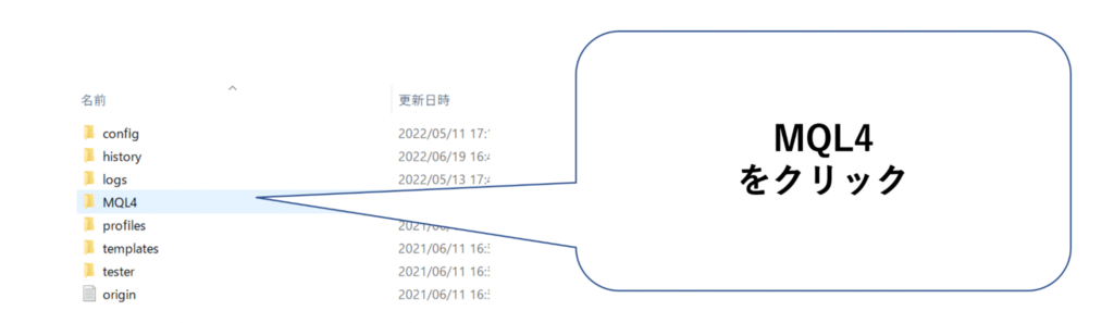 データフォルダに表示された「MQL4」をクリック