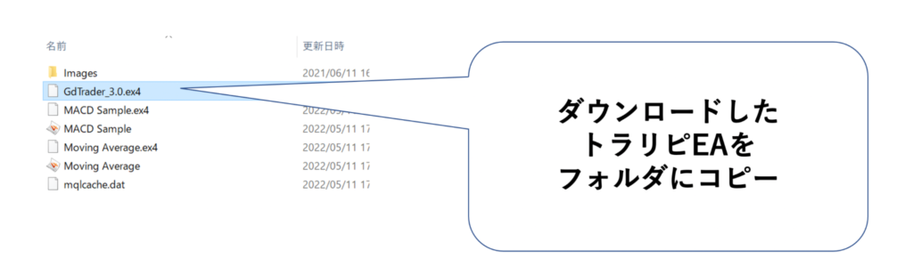 ExpartsフォルダにダウンロードしたトラリピEAをコピー