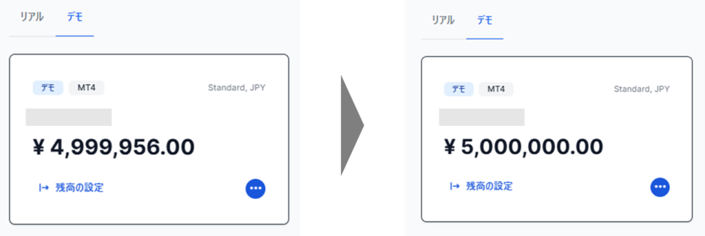 「残高を設定」をクリックすればデモ口座の残高がリセットされる