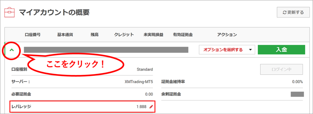 マイページの「マイアカウントの概要」からレバレッジを変更したい口座を選択