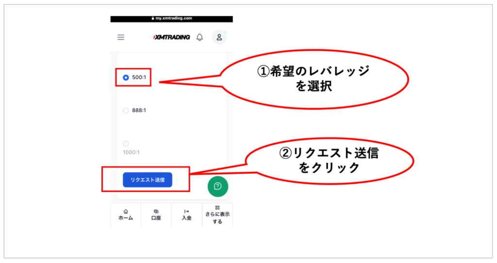 希望のレバレッジを選択し「リクエスト送信」をクリック